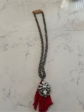 NWT Statement Red Tassel Pendant Necklace with Crystal Accent